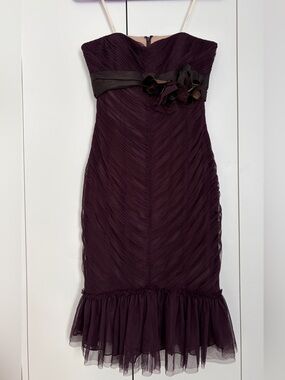 Vera Wang Strapless Plum Evening Dress with Floral Waist Detailing Ruched Gauze